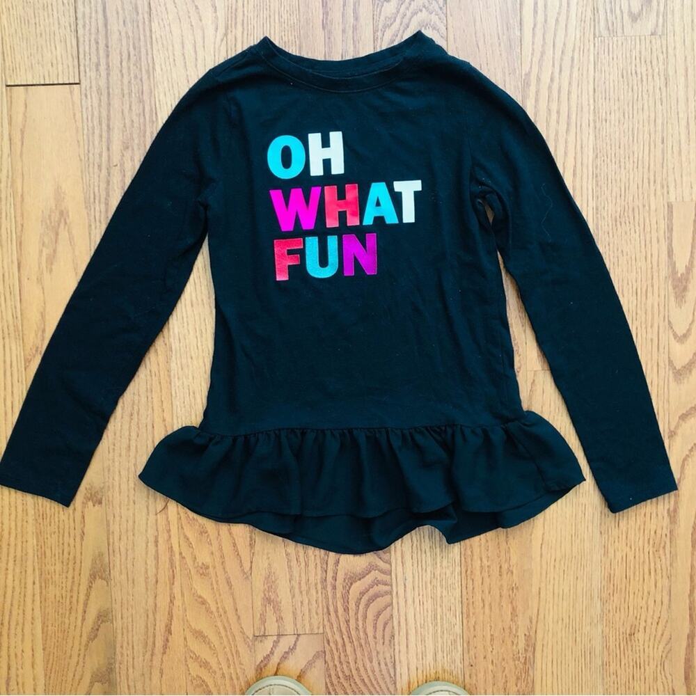 Cat & Jack Oh What Fun Graphic Peplum Long Sleeve Black Top Girl’s Size 10/12